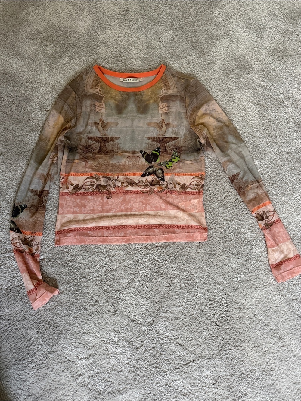 Alice + Olivia Coral-Trim Scenic Print Long Sleeve Top